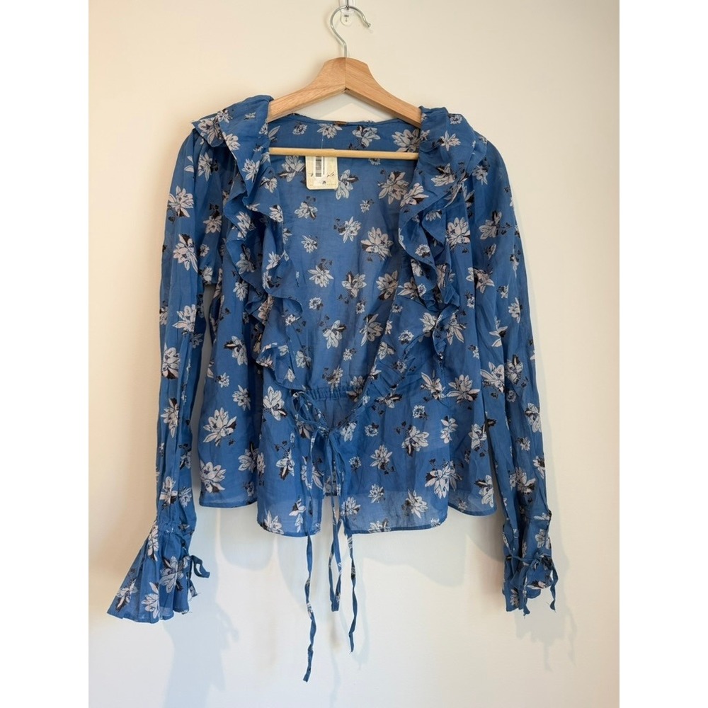 NWT Free People Amanda Ruffle Wrap Blouse, "Cool Combo" Blue Floral, Size S